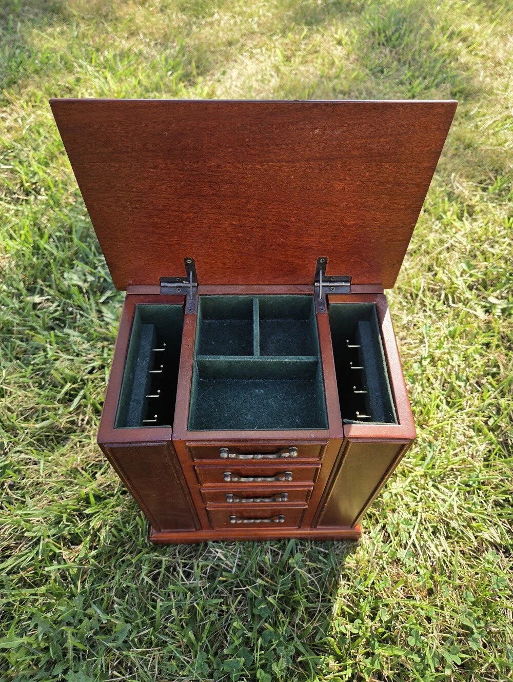 Vintage 1987 The Bombay Company Wooden Jewelry Armoire Box | Green Velvet Lined